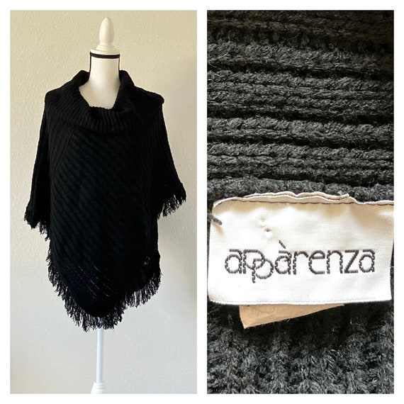 1990s Black Cable Knit Poncho, Vintage Fringed Co… - image 1