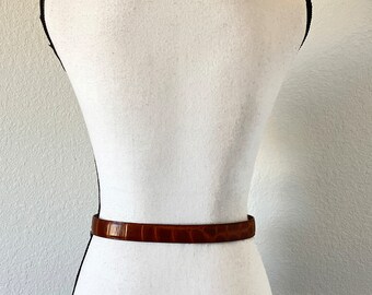 1990s Brown Faux Croc Belt, Vintage Crocodile Embossed Belt  display picture 1