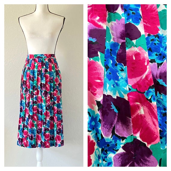 1980s Floral Pleated Skirt, Vintage Bright Midi S… - image 1