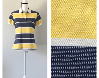 1990s Navy and Yellow Striped Polo, Vintage Short Sleeve Pullover