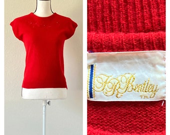 1980s Red Cap Sleeve Sweater, Vintage Embroidered Angora Sweater