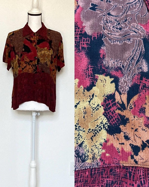1990s Abstract Print Button Down Blouse - image 1