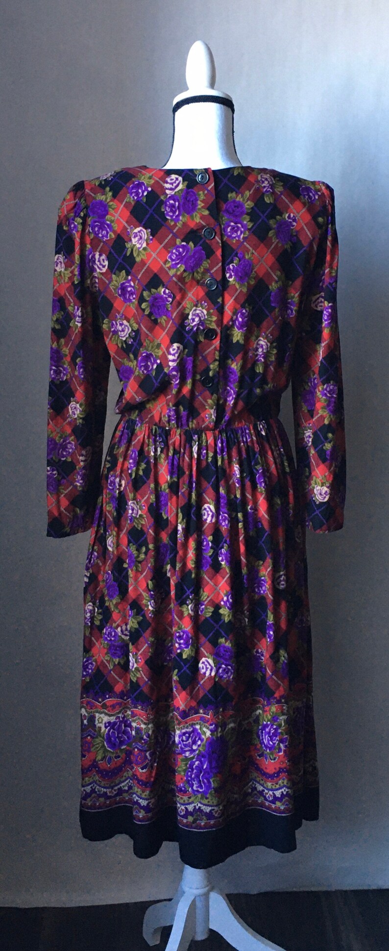 Vintage By Berkeley,1980s Long Sleeve Floral Dress,1980s Purple Floral Dress,1980s Plaid Dress,Vintage Size 12 Dress,Winter Floral Dress