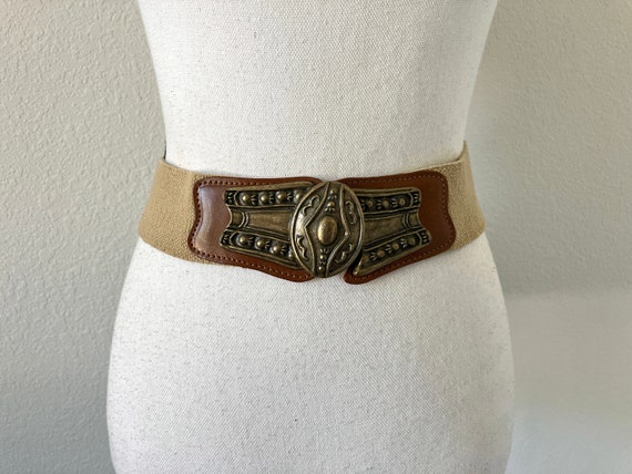 1980s Stretch Belt with Unique Buckle, Vintage Kh… - image 1