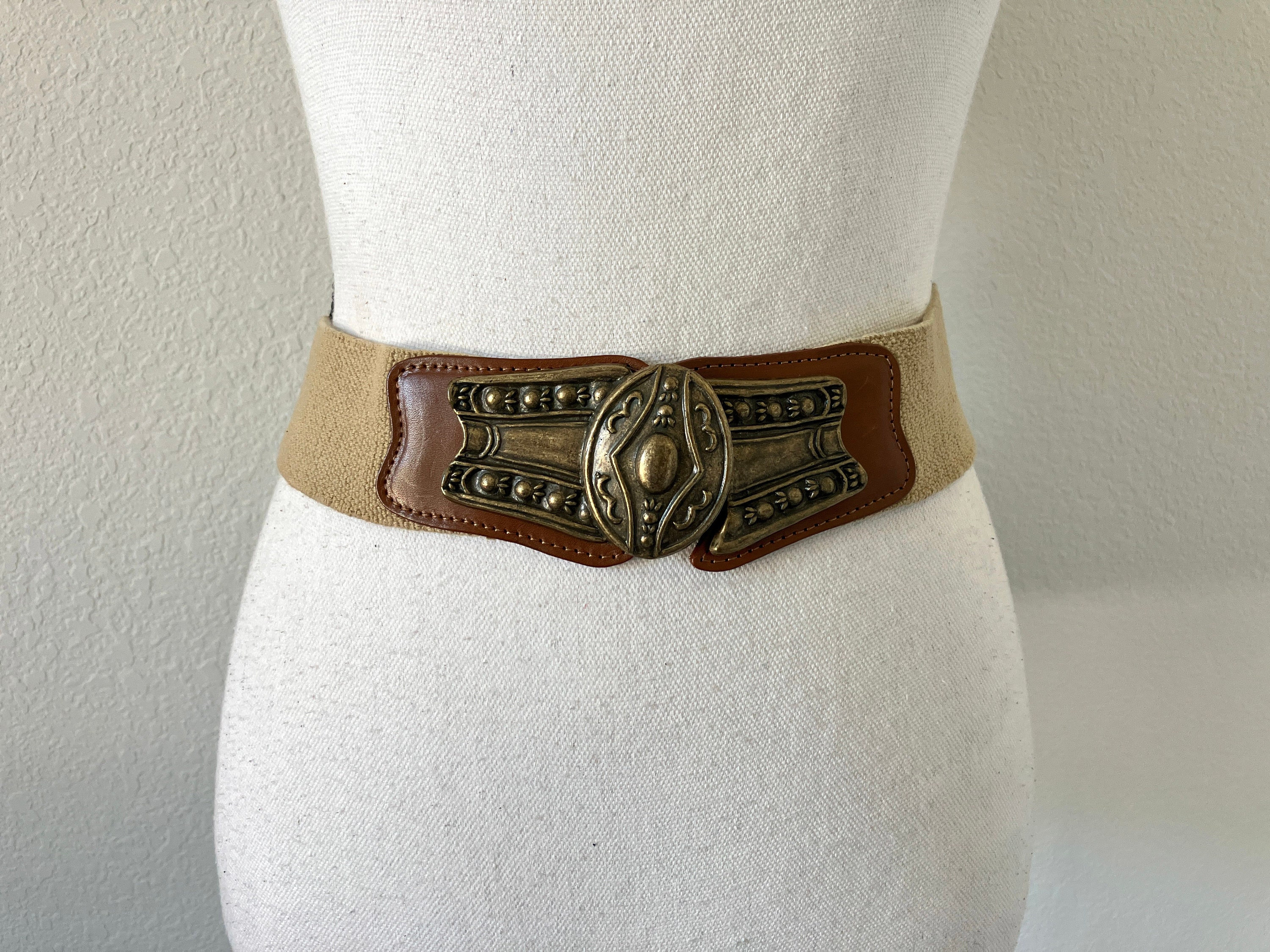 1980s Stretch Belt With Unique Buckle, Vintage Khaki and