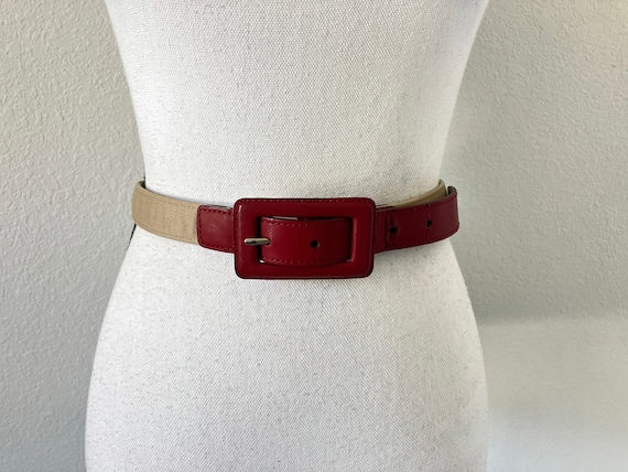 1980s Leather and Canvas Belt, Vintage Khaki and … - image 1