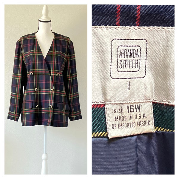 1980s Navy Plaid Blazer, Vintage Double Breasted Suit Jacket