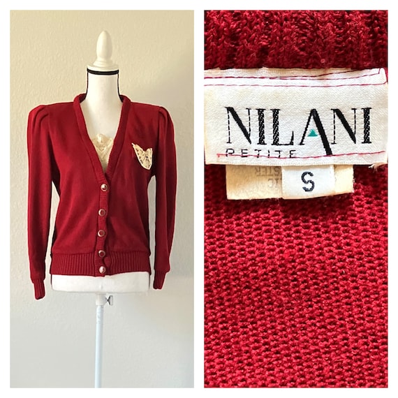 1980s Cardigan with Dickey, Vintage Maroon Sweate… - image 1