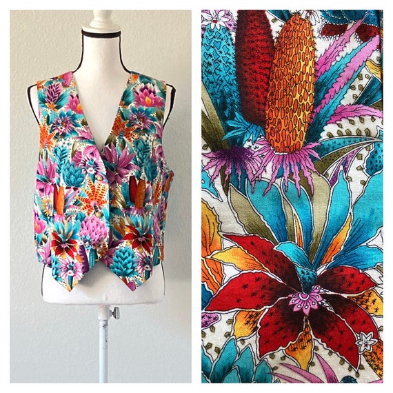 Vintage Handmade Floral Vest, 1990s Tropical Prin… - image 1