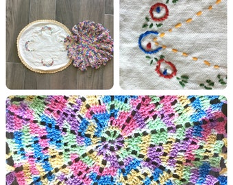 Vintage Handknit Doilies, Vintage Embroidered Cotton Doily