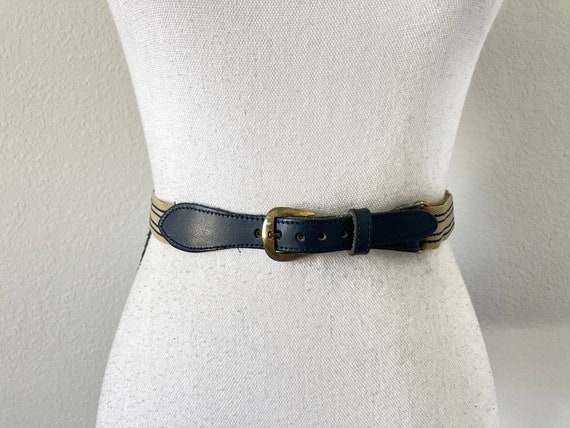 1980s Fabric and Leather Belt, Vintage Striped St… - image 1