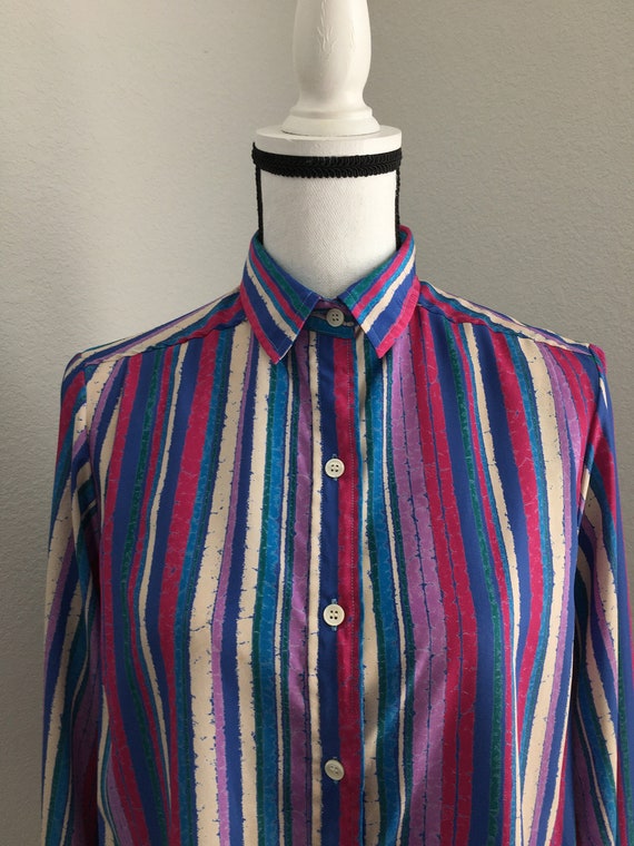 1980s Striped Bow Collar Blouse, Vintage Multicol… - image 4