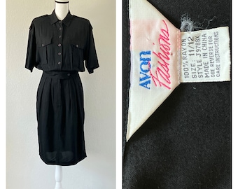 1990s Black Shirt Dress, Vintage Black Dress with Epaulets