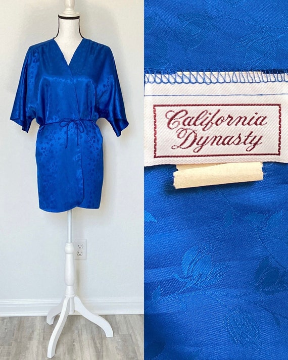 1980s Royal Blue Shortie Robe, 1990s Floral Kimono