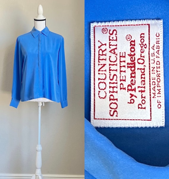 1990s Silky Blue Blouse, Vintage Button Down Shirt