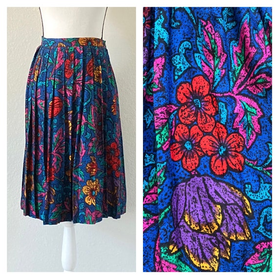 1980s Pleated Floral Skirt, 1990s High Waisted Fu… - image 1