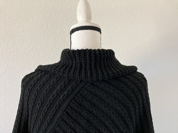 1990s Black Cable Knit Poncho, Vintage Fringed Co… - image 7