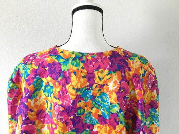 1980s Bright Floral Blouse, Vintage Silky Sweatsh… - image 7