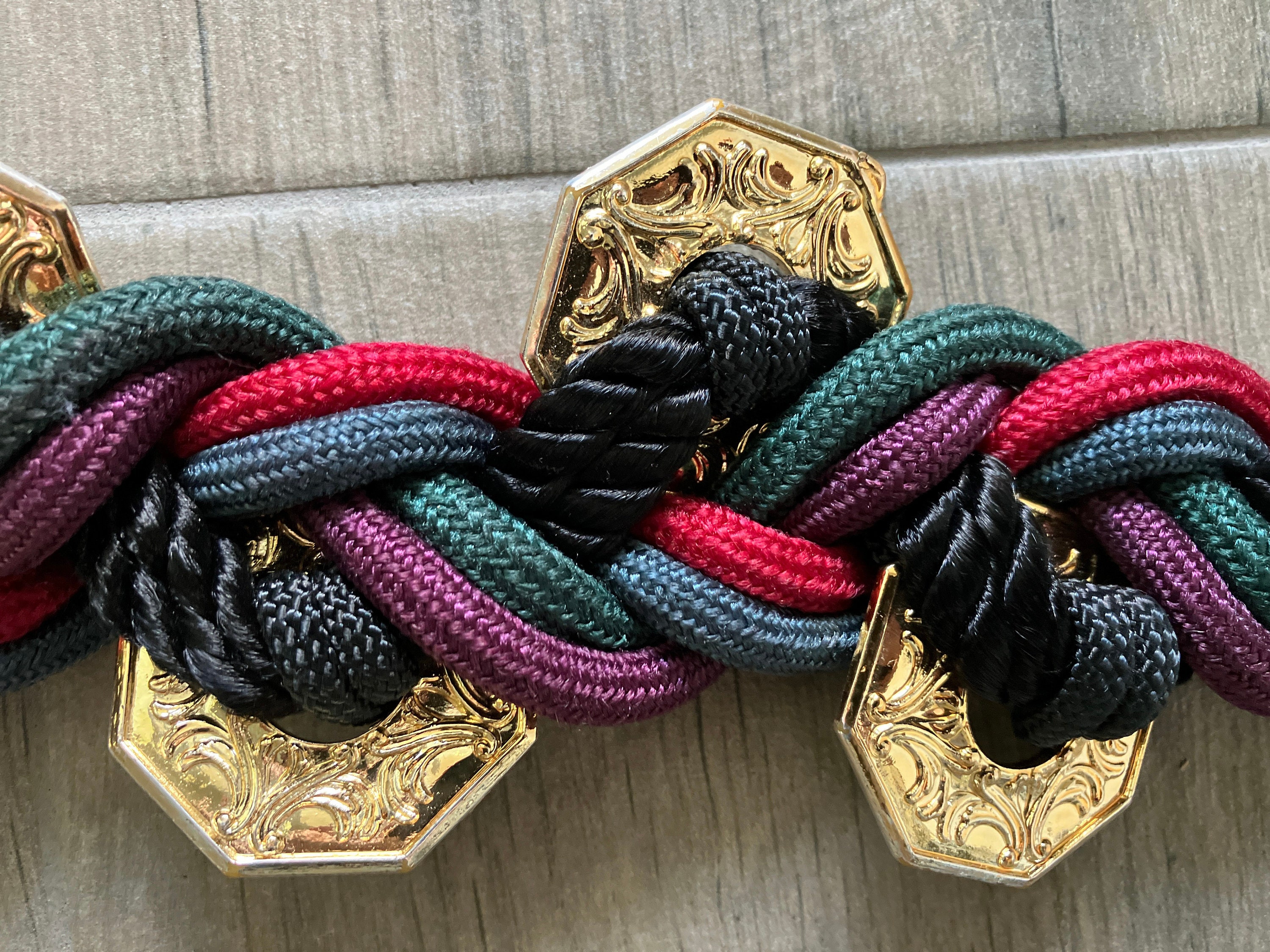 1980s Colorful Braided Rope Belt, Vintage Gold Medallion  display picture 1
