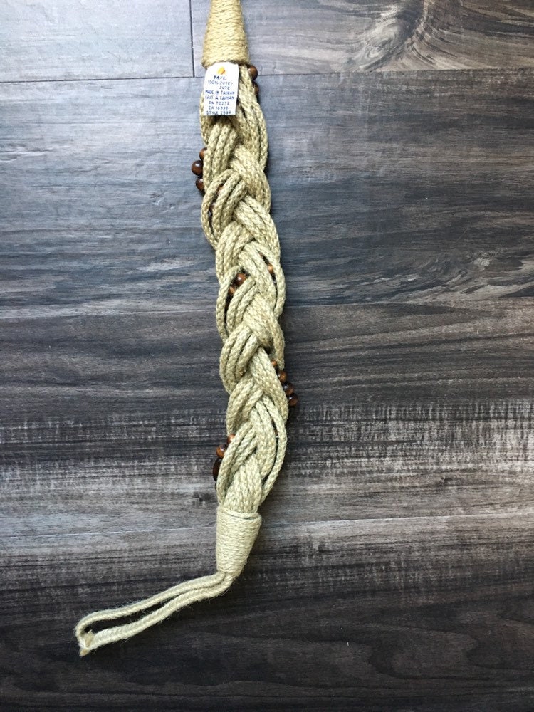 Vintage 80s Ivory Braided Rope Beaded Belt | Gold & Clear Statement Waist Cinch 1980s Natural Fiber Beaded Rope Belt, Vintage Jute Belt With  main image 4