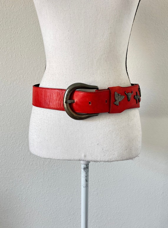 1980s Wide Red Leather Belt with Conchos