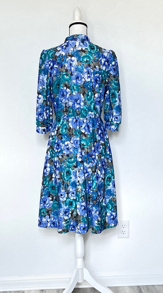 1970s Black Floral Midi Dress with Bishop Sleeves