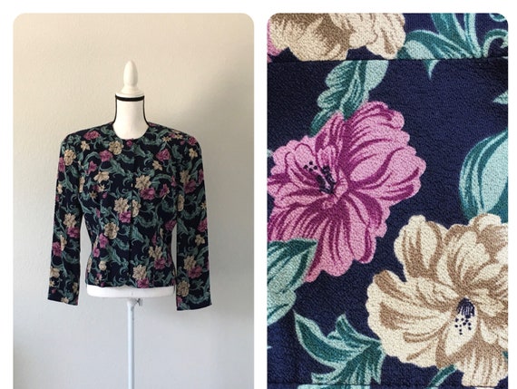 1990s Dark Floral Blazer, Vintage Cropped Jacket - image 1