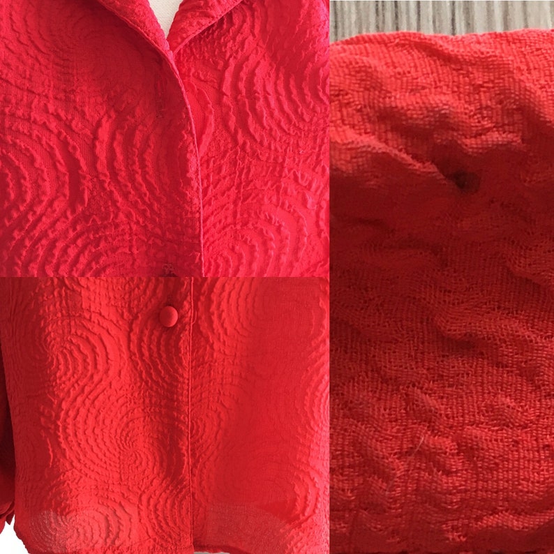 1970s Red Textured Polyester Blouse, Vintage Blouse with Swirl Pattern image 10