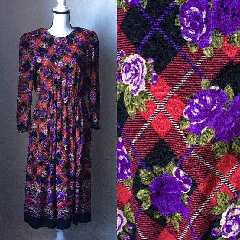 Vintage By Berkeley,1980s Long Sleeve Floral Dress,1980s Purple Floral Dress,1980s Plaid Dress,Vintage Size 12 Dress,Winter Floral Dress