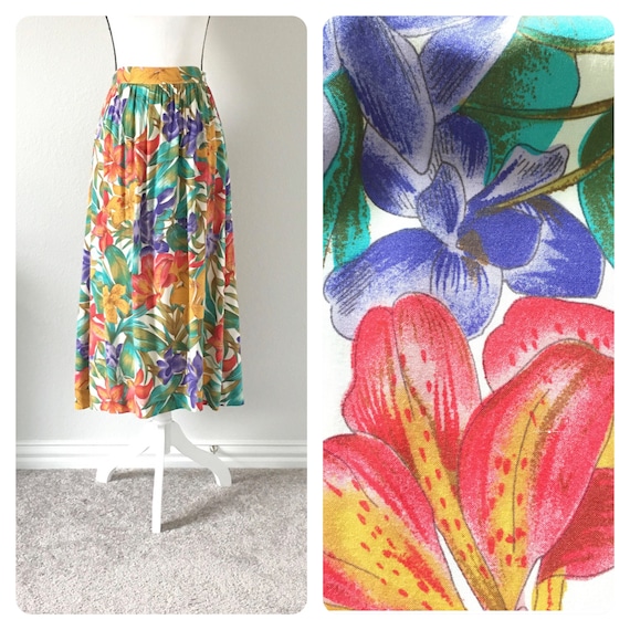1980s Floral Swing Skirt, Vintage Tropical Print … - image 1