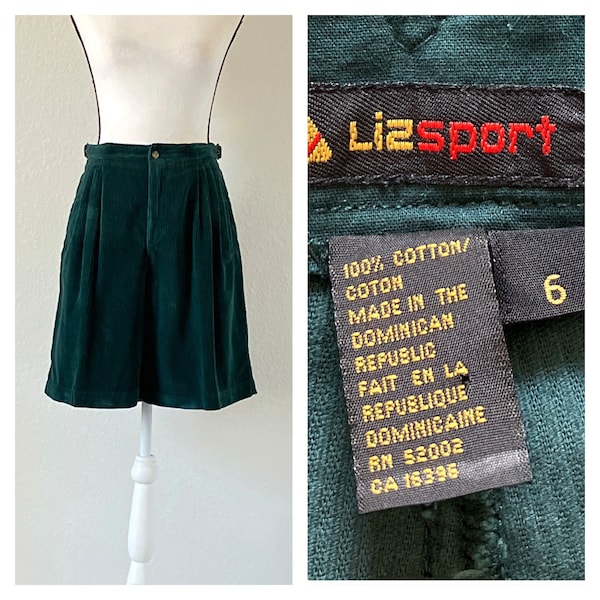 1990s Forest Green Corduroy Shorts, Vintage High Waisted Tab Waist Shorts