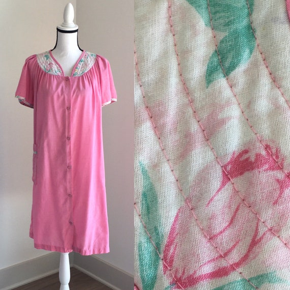 1980s Pink Cotton Day Dress, Comfy Vintage House … - image 1