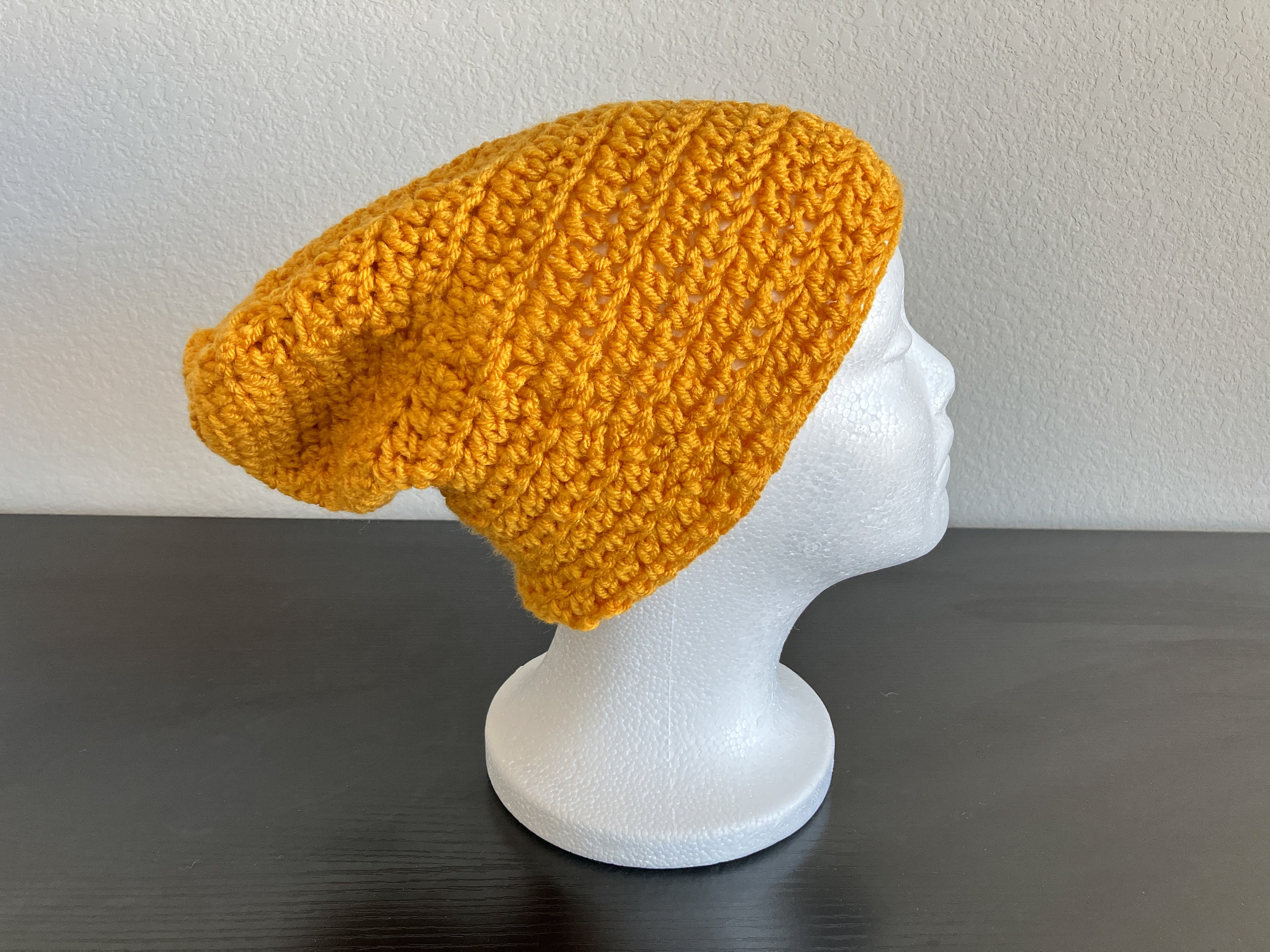 1970s Mustard Hand Knit Cap, 1980s Dark Yellow Handmade  display picture 2