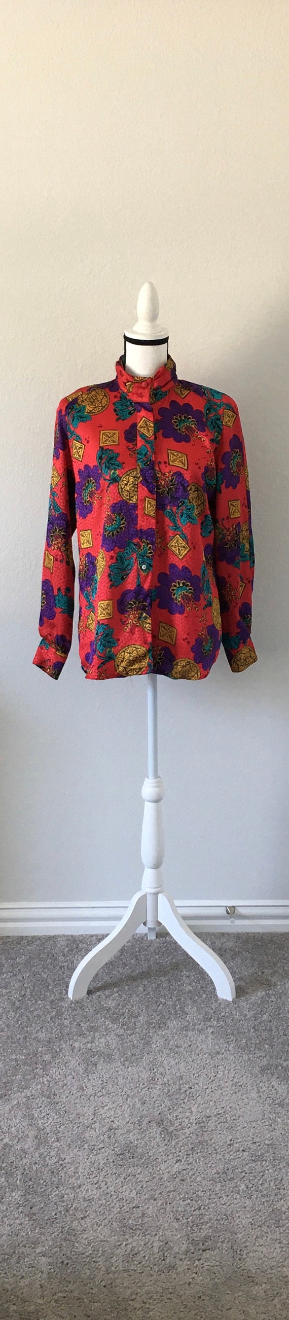 1980s Bright High Neck Blouse, Vintage Colorful T… - image 2