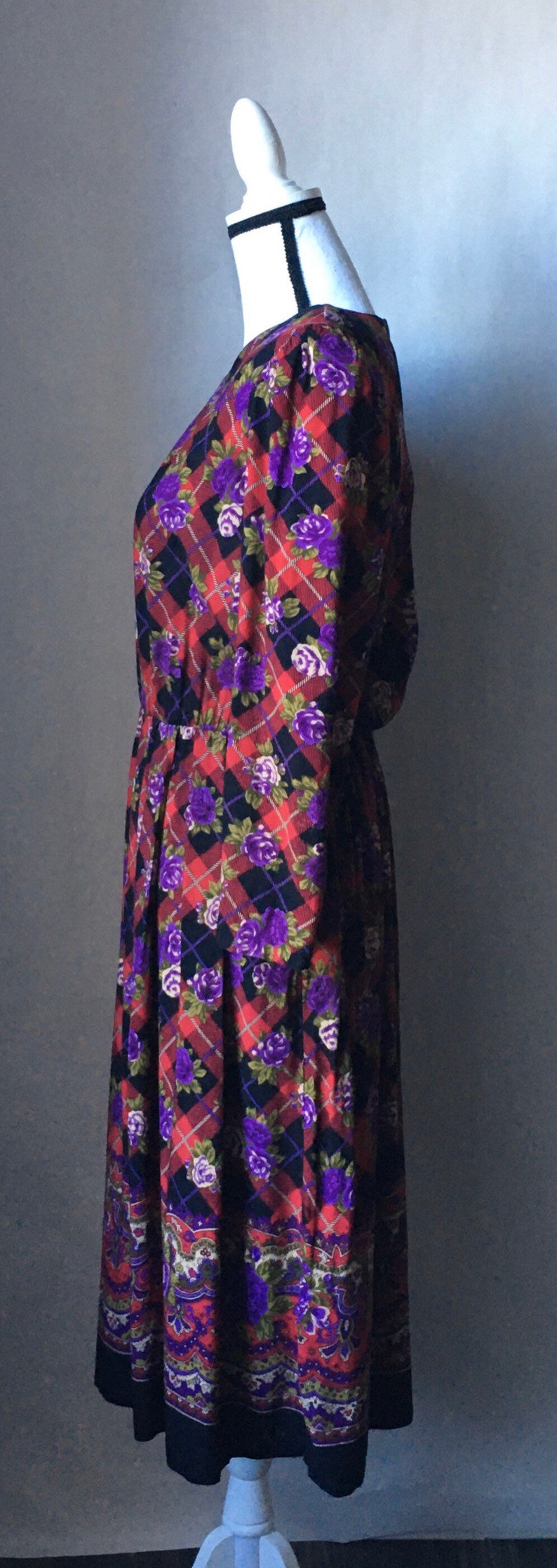 Vintage By Berkeley,1980s Long Sleeve Floral Dress,1980s Purple Floral Dress,1980s Plaid Dress,Vintage Size 12 Dress,Winter Floral Dress
