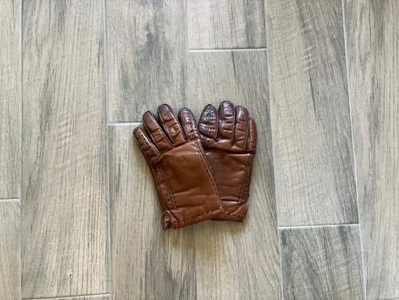 1980s Brown Leather Gloves, Vintage Gloves with C… - image 1