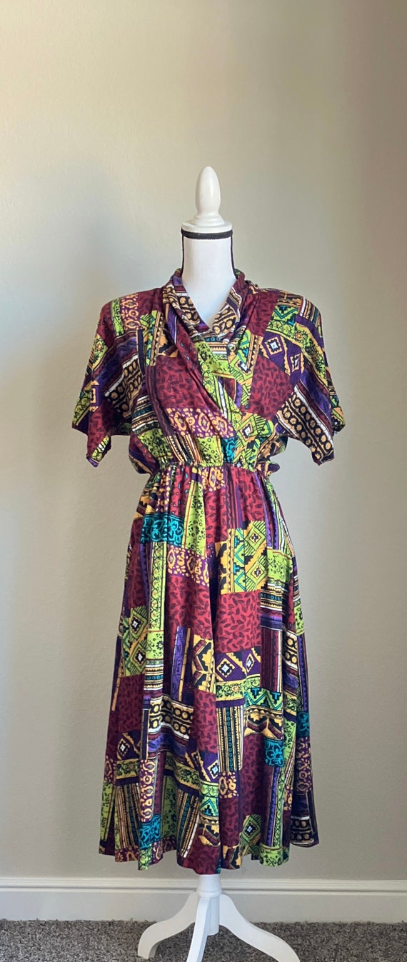 1980s Multi Print Dress, Vintage Shawl Collar Vib… - image 2