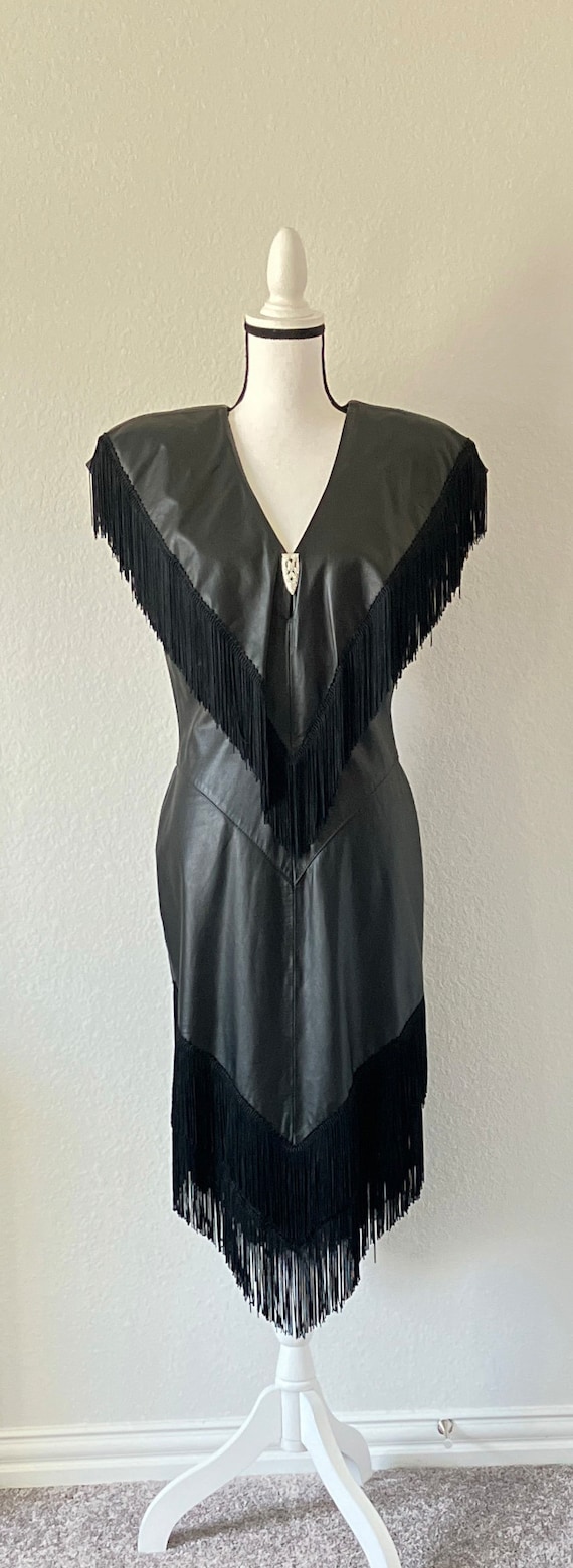 1980s Rocker Chick Leather Dress with Fringe, Sex… - image 2