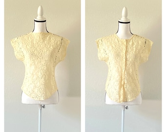 1950s Yellow Lace Blouse, Vintage Sheer Short Sleeve Blouse