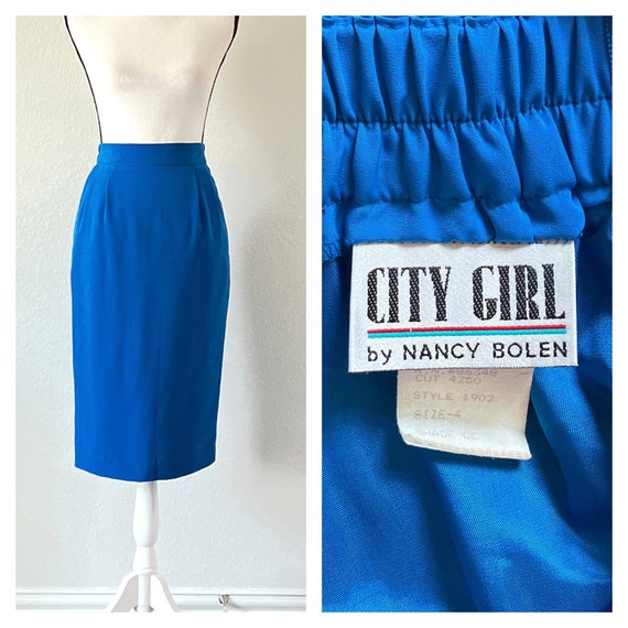 1980s Blue Pencil Skirt, Vintage Knee Skirt - image 1