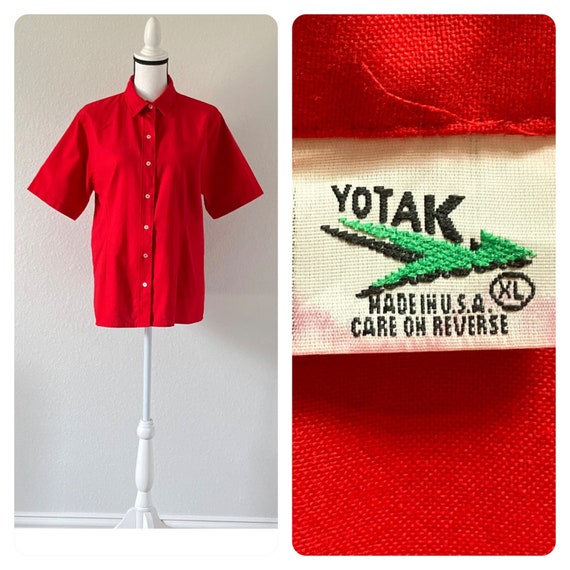 1980s Red Cotton Shirt, Vintage Short Sleeve Blou… - image 1