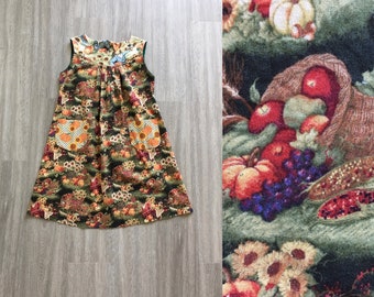 Vintage Handmade Girls Dress, 1970s Cotton Autumn Dress, 1980s Handsewn Sunflower Dress