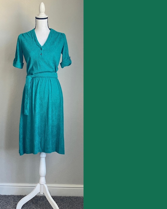 1970s Kelly Green Belted Dress, 1980s Terry Cloth… - image 1