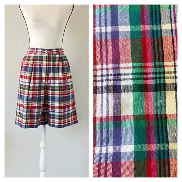 1990s Madras Shorts, Vintage Plaid Walking Shorts