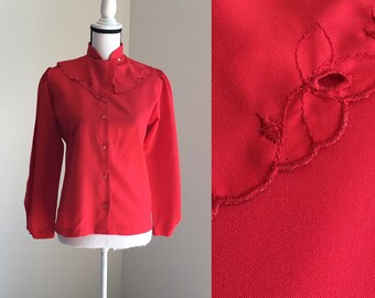 Blus i västerländsk stil från 1980-talet, vintageblus med unik krage
