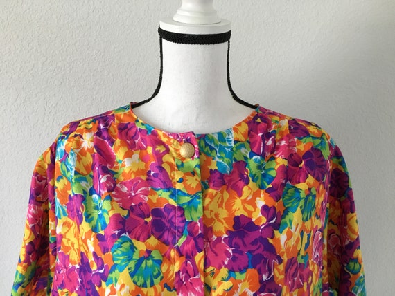 1980s Bright Floral Blouse, Vintage Silky Sweatsh… - image 3
