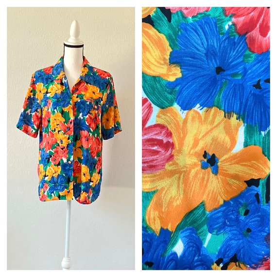 1990s Floral Button Down, Vintage Colorful Rayon B