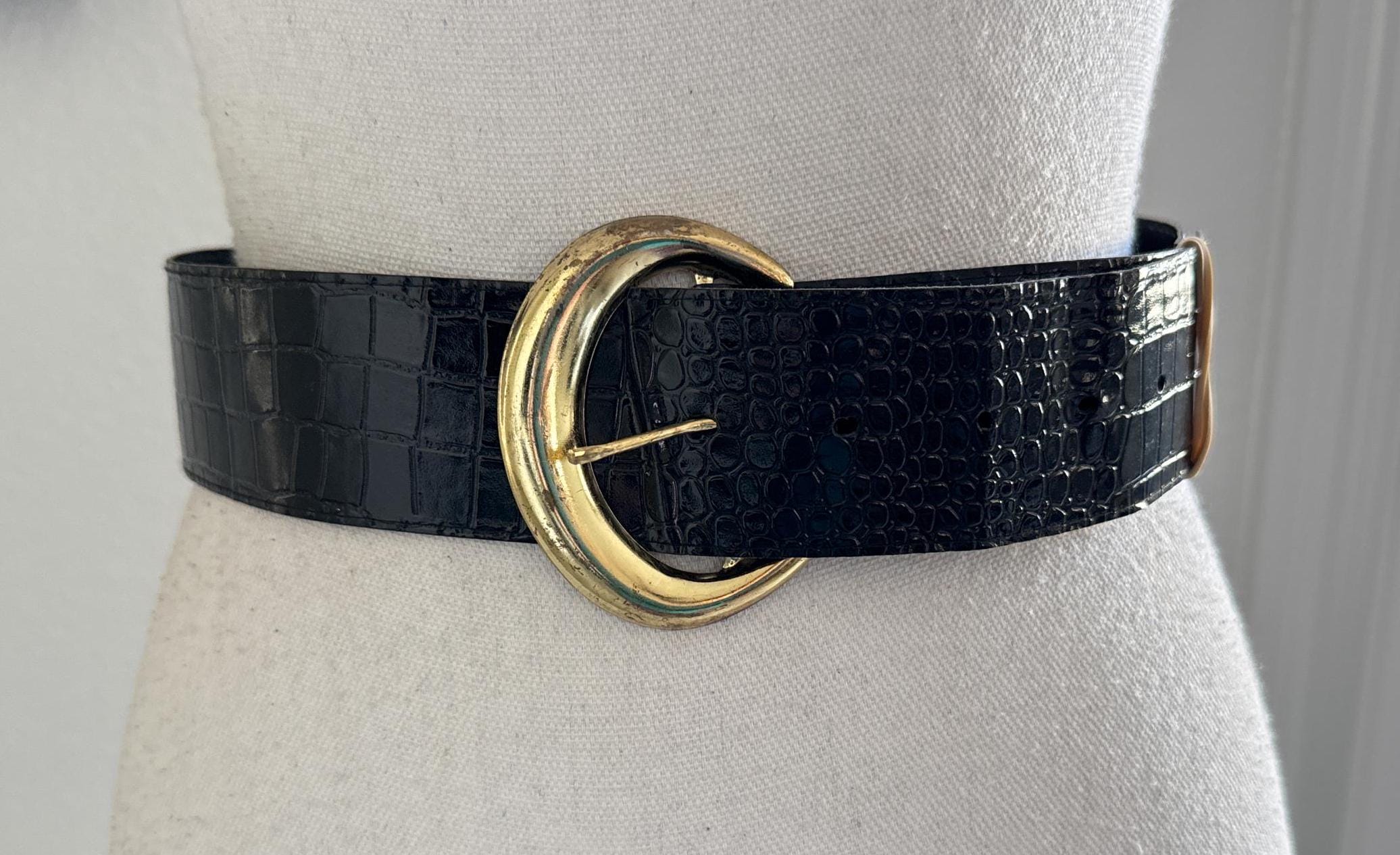 Vintage Black Patent Croc Embossed Patent Leather Belt Wide Statement Buckle 80s 1980s Patent Leather Croc Embossed Belt - Etsy main image 4