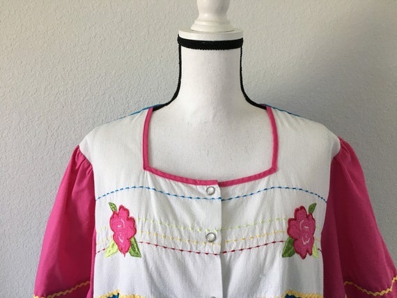 1980s Multicolored Cotton Day Dress, Vintage Pink… - image 3