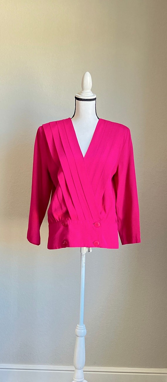 1980s Fuchsia Surplice Blouse, Vintage Pleated Bl… - image 2